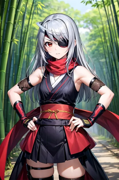 (masterpiece, best quality, detailed), 1girl, solo, looking at viewer, aalaura, long hair, eyepatch,
ninja, fishnets, arm guards, japanese clothes, thighhighs, fingerless gloves, sash, forehead protector, hip vent, red scarf, outdoors, bamboo forest, nature, hands on hips, closed mouth, serious
