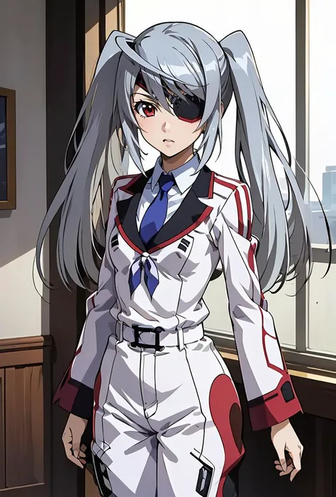 (masterpiece, best quality), 1girl, <lora:laura_bodewig_v1:0.8> aalaura, long hair, eyepatch, school uniform, necktie, collared shirt, white jacket, belt, white pants, aalaura, twintails, eyepatch, frilled bikini, black bikini, thigh holster