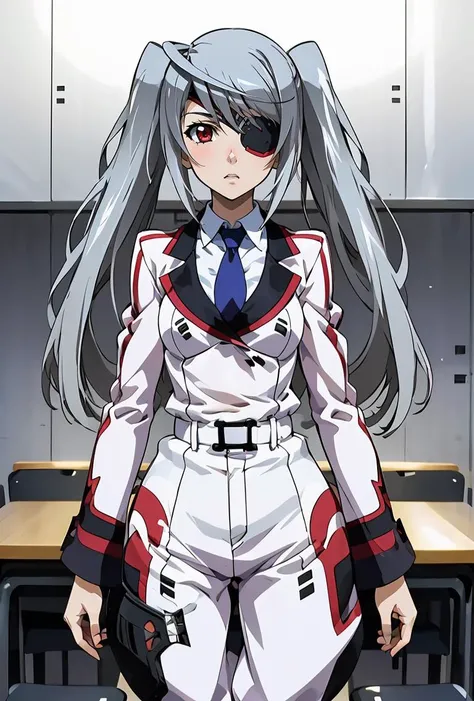 (masterpiece, best quality), 1girl,   <lora:laura_bodewig_v1:0.8> aalaura, long hair, eyepatch, school uniform, necktie, collared shirt, white jacket, belt, white pants, aalaura, twintails, eyepatch, frilled bikini, black bikini, thigh holster