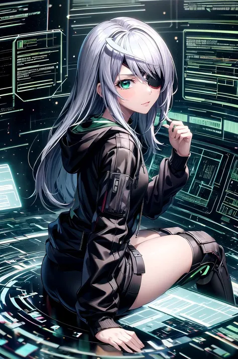 (masterpiece, best quality, detailed), 1girl, solo, looking at viewer, aalaura, long hair, eyepatch,
<lora:HackedTech-20:1.1>, hackedtech, data stream, green hues, black hoodie, hoodie, leather, cockpit, science fiction, (space, spacecraft:0.8), fisheye, sitting, from side, closed mouth