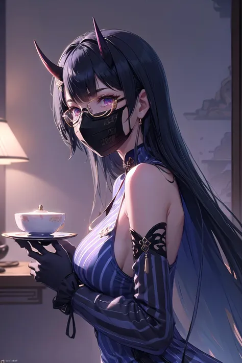 (highly detailed:1.3),
1girl, solo, light smile, horns, (glasses:1.1), (blue china dress:1.5), (striped:1.4), (black mask:1.5),
<lora:wrenchs_aqueous_mei-000009:0.7>, wrench_aqueousmei,
Ultra-detail, (highres:1.1), best quality, (masterpiece:1.3), cinematic lighting,