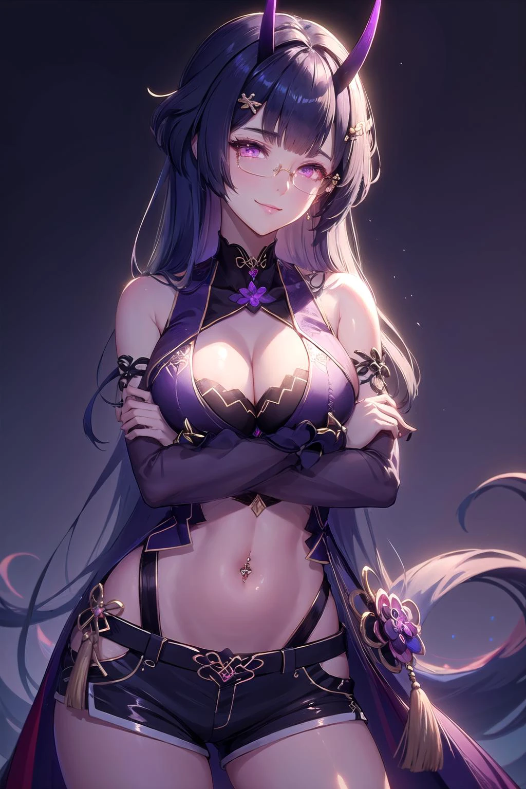 (highly detailed:1.3),
1girl, solo, light smile, glasses, short shorts, sleeveless shirt, navel, midriff, semi-rimless eyewear, bohemian chic fashion, navel piercing, crossed arms,
<lora:wrenchs_aqueous_mei-000009:1>, wrench_aqueousmei,
Ultra-detail, (highres:1.1), best quality, (masterpiece:1.3), cinematic lighting,