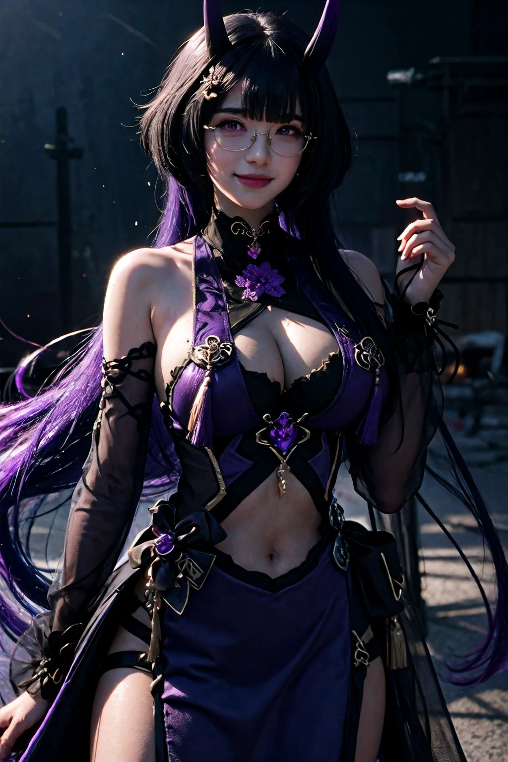 (highly detailed:1.3),
1girl, solo, light smile, glasses,
<lora:wrenchs_aqueous_mei-000009:1>, wrench_aqueousmei, purple hair, purple dress,
Ultra-detail, (highres:1.1), best quality, (masterpiece:1.3), cinematic lighting,