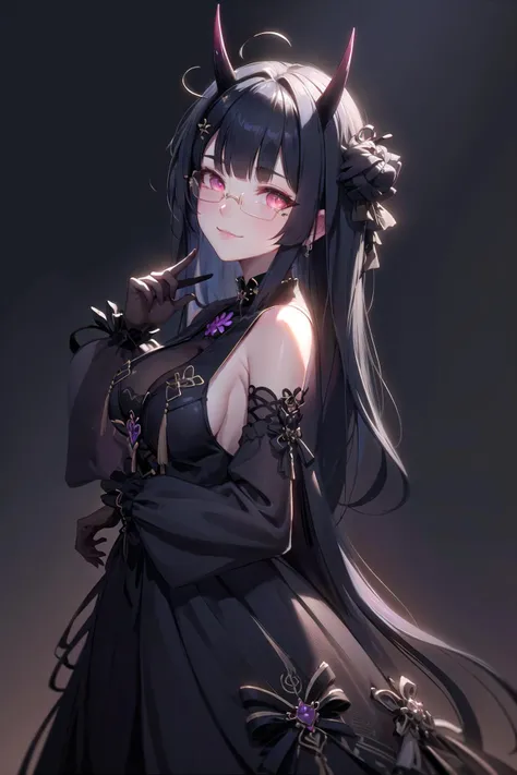 <lora:edgGothGal_MINI:1.15>, GothGal, wearing a GothGal outfi, dress, ribbon, frills,
BREAK
(highly detailed:1.3),
1girl, solo, smirk,
<lora:wrenchs_aqueous_mei:1>, wrench_aqueousmei, horns, glasses, (black gown:1.1),
Ultra-detail, (highres:1.1), best quality, (masterpiece:1.3), cinematic lighting,