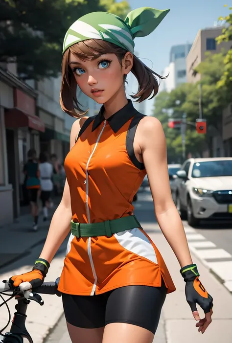 (masterpiece, best quality), 1girl, <lora:PKMN_May_Gen4_v1:0.8> pkmnmay, 1girl, solo, blue eyes, brown hair, bangs, bandana, green headwear,, orange shirt, orange dress, collared dress, sleeveless, black gloves, black shorts, bike shorts, fingerless gloves, shorts under dress,