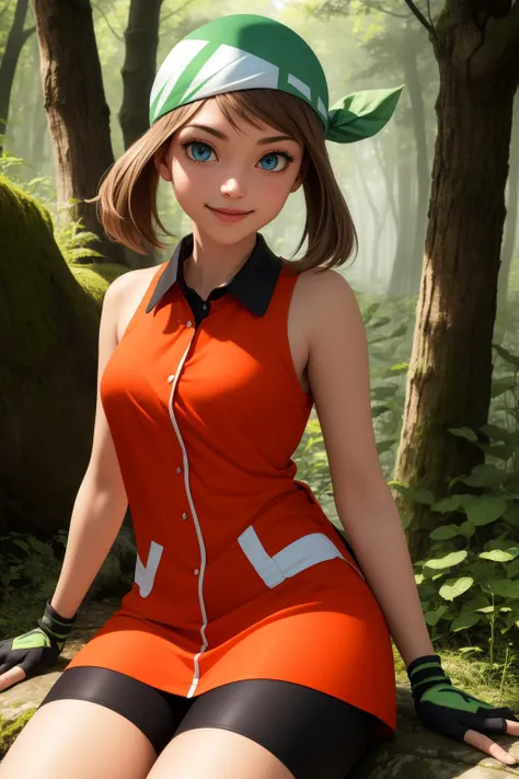 pkmnmay, 1girl, solo, blue eyes, brown hair, bangs, bandana, green headwear,
orange shirt, orange dress, collared dress, sleeveless, black gloves, black shorts, bike shorts, fingerless gloves, shorts under dress,
smile,closed mouth,cowboy shot,sitting,
forest,outdoor,
(insanely detailed, beautiful detailed face, masterpiece, best quality) cinematic lighting,<lora:PKMN_May_Gen4_v1:1>, <lora:more_details:0.3>,