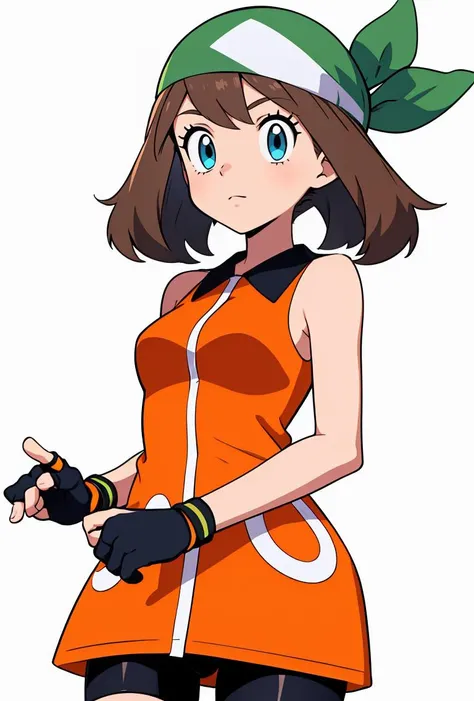 (masterpiece, best quality), 1girl,     <lora:PKMN_May_Gen4_v1:0.8> pkmnmay, 1girl, solo, blue eyes, brown hair, bangs, bandana, green headwear,, orange shirt, orange dress, collared dress, sleeveless, black gloves, black shorts, bike shorts, fingerless gloves, shorts under dress,