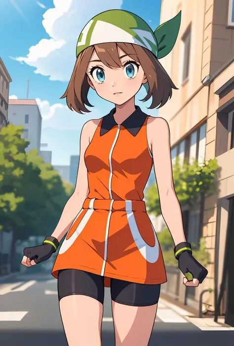 (masterpiece, best quality), 1girl,     <lora:PKMN_May_Gen4_v1:0.8> pkmnmay, 1girl, solo, blue eyes, brown hair, bangs, bandana, green headwear,, orange shirt, orange dress, collared dress, sleeveless, black gloves, black shorts, bike shorts, fingerless gloves, shorts under dress,