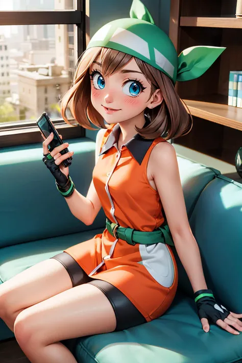 pkmnmay,blue eyes, brown hair, green bandana,orange dress, collared dress, sleeveless, black gloves, black shorts, fingerless gloves, shorts under dress, looking at viewer, smiling, happy, blush, sitting, on sofa, inside cozy living room, holding cell phone, high quality, masterpiece <lora:PKMN_May_Gen4_v1:.9>