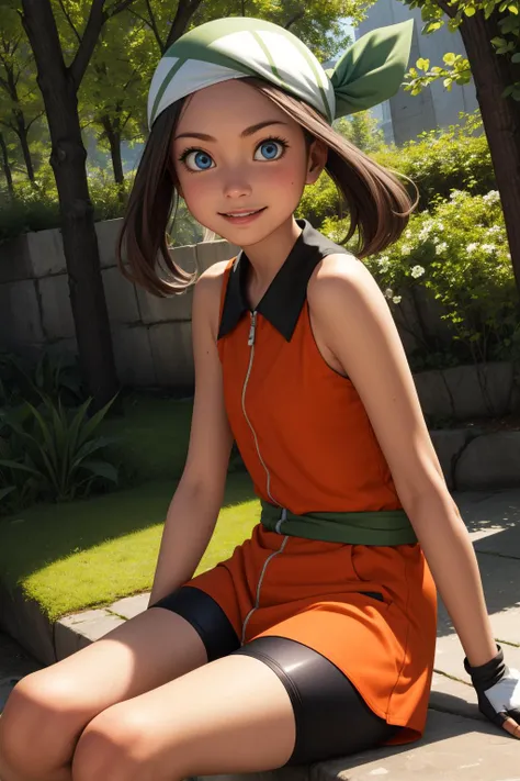 pkmnmay, 1girl, solo, blue eyes, brown hair, bangs, bandana, green headwear,
orange shirt, orange dress, collared dress, sleeveless, black gloves, black shorts, bike shorts, fingerless gloves, shorts under dress,
smile,closed mouth,cowboy shot,sitting,
forest,outdoor,
(insanely detailed, beautiful detailed face, masterpiece, best quality) cinematic lighting,<lora:PKMN_May_Gen4_v1:1>, <lora:more_details:0.3>,