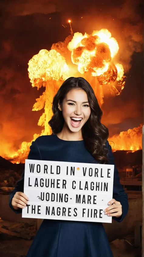 high quality, high resolution, nuclear explosion in the background, the world is on fire, 1girl, (looking at viewer), holding a poster, standing, laughing