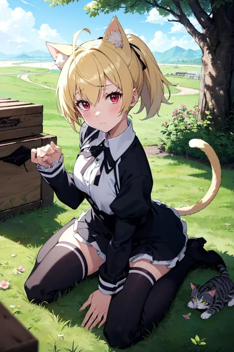 from above, outdoor, grass, day,
BREAK <lora:AndouTazusa:0.9> AndouTazusa, andou tazusa, blonde hair, short hair, bangs, hair between eyes, ponytail, high ponytail, ahoge, red eyes, hair ribbon, medium breasts, (cat ears:1.3), cat tail, 
yurigaoka girls academy school uniform, white shirt, cropped jacket, black jacket, long sleeves, juliet sleeves, black sleeves, black skirt, high-waist skirt, frilled skirt, buttons, neck ribbon, black ribbon, thighhighs, white thighhighs,  
from above, looking up, wariza, paw pose, hand between legs, looking at viewer, head tilt, 
blush, embarrassed, furrowed brow, 
BREAK (masterpiece:1.2), (beautiful detailed eyes:1.2), (perfect hands, perfect anatomy)