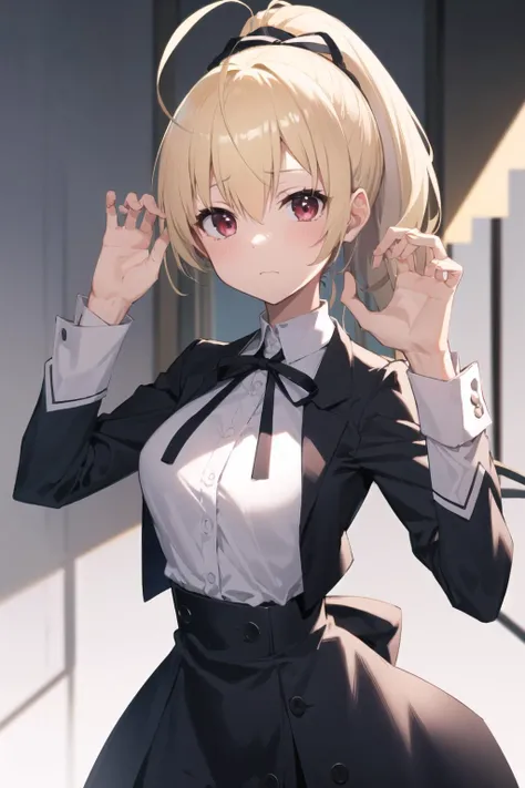 outdoors, forest, day,
BREAK <lora:AndouTazusa:0.9> AndouTazusa, andou tazusa, 1girl, solo, blonde hair, short hair, bangs, hair between eyes, ponytail, high ponytail, ahoge, red eyes, hair ribbon, tsurime, medium breasts,
BREAK yurigaoka girls academy school uniform, white shirt, cropped jacket, (black jacket:1.2), long sleeves, juliet sleeves, black sleeves, black skirt, high-waist skirt, frilled skirt, buttons, neck ribbon, black ribbon, thighhighs, white thighhighs,
BREAK standing, paw pose, looking_at_viewer,
BREAK blush, embarrassed, :3,
BREAK (masterpiece:1.2), (beautiful detailed eyes:1.2), perfect lighting, (perfect hands, perfect anatomy)