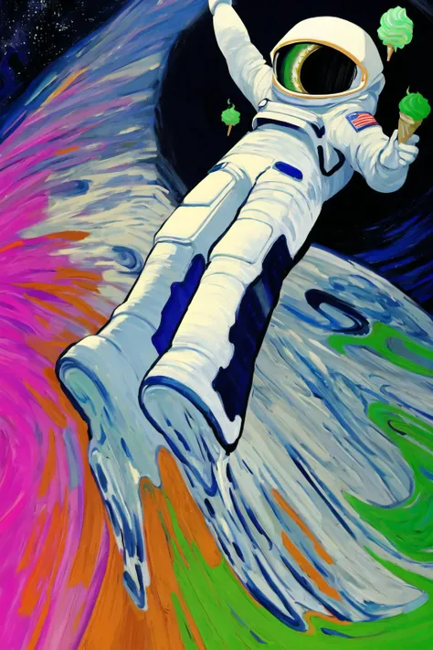 A melting earth ice cream astronaut floating in a vibrant ice cream universe,body painting,pink,blue,green,((masterpiece)),(highres),(best_quality),(highly_detailed),(original),(Delicate background),(extremely detailed 8K wallpaper),vg <lora:vgv1:1>,abstract,starry