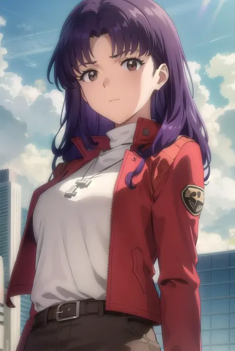 marimakinami, <lyco:misato katsuragi rebuild-lyco-nochekaiser:1>,
misato katsuragi, long hair, (brown eyes:1.5), (purple hair:1.2), (parted bangs:1.5),
BREAK skirt, jewelry, jacket, belt, necklace, uniform, cross, red jacket, pencil skirt, cross necklace, red skirt, black shirt, turtleneck, cropped jacket,
BREAK outdoors, city, sky, clouds, sun,
BREAK looking at viewer, (cowboy shot:1.5),
BREAK <lyco:GoodHands-beta2:1>, (masterpiece:1.2), best quality, high resolution, unity 8k wallpaper, (illustration:0.8), (beautiful detailed eyes:1.6), extremely detailed face, perfect lighting, extremely detailed CG, (perfect hands, perfect anatomy),