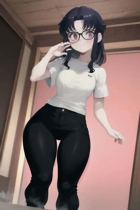 masterpiece, best quality, 1girl, solo, <lora:Parororo Style v3:1> glasses, Misato Katsuragi, slim, petite, short dark messy hair, fat pear shape very wide hips, thick thighs, dark T-shirt, black pijama pants, in japanese house,