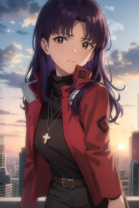 marimakinami, <lyco:misato katsuragi rebuild-lyco-nochekaiser:1>,
misato katsuragi, long hair, (brown eyes:1.5), (purple hair:1.2), (parted bangs:1.5),
BREAK skirt, jewelry, jacket, belt, necklace, uniform, cross, red jacket, pencil skirt, cross necklace, red skirt, black shirt, turtleneck, cropped jacket,
BREAK outdoors, city, sky, clouds, sun,
BREAK looking at viewer, (cowboy shot:1.5),
BREAK <lyco:GoodHands-beta2:1>, (masterpiece:1.2), best quality, high resolution, unity 8k wallpaper, (illustration:0.8), (beautiful detailed eyes:1.6), extremely detailed face, perfect lighting, extremely detailed CG, (perfect hands, perfect anatomy),