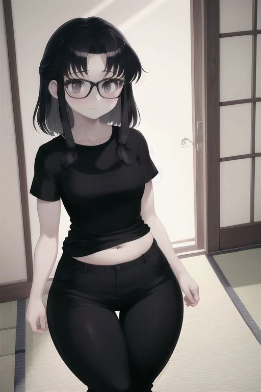 masterpiece, best quality, 1girl, solo, <lora:Parororo Style v3:1> glasses, Misato Katsuragi, slim, petite, short dark messy hair, fat pear shape very wide hips, thick thighs, dark T-shirt, black pijama pants, in japanese house,