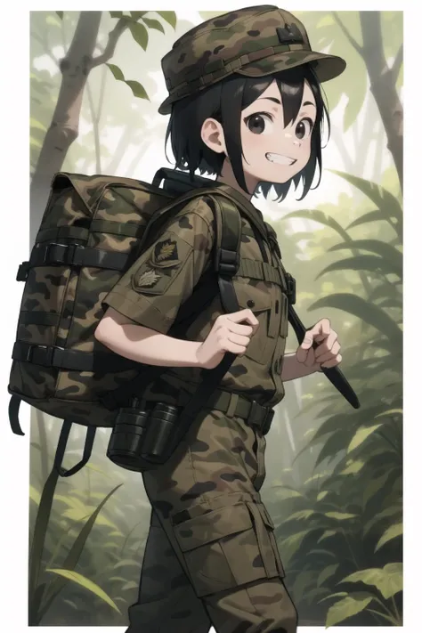<lora:amidori-000035:1> amidori, black eyes, sanpaku,
camouflage headwear, bhat,
military uniform, camouflage jacket, camouflage pants, airsoft,
1girl, solo, jungle, walking, backpack, from side, looking at viewer, grin