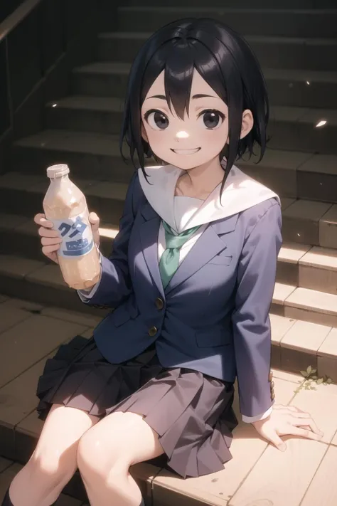 <lora:amidori-000035:1> amidori, black eyes, sanpaku,
serafuku, pleated skirt, blazer, blue skirt,
1girl, solo, grin, sitting, stairs, holding, milk bottle