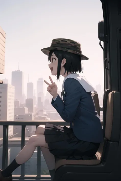 <lora:amidori-000035:1> amidori, black eyes, sanpaku,
serafuku, pleated skirt, blazer, blue skirt,
camouflage headwear, bhat,
1girl, solo, sitting, helicopter, cityscape, excited, from side