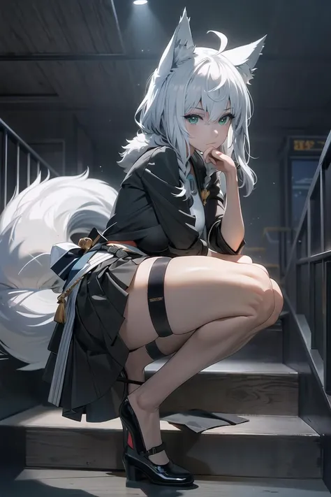 (masterpiece),best quality,from_side,Dark environment,Stand on one foot,Stand against the wall,One knee up,Lift one foot,Put foot against the opposite wall,1girl,shirakami fubuki,virtual youtuber,animal ears,fox ears,fox girl,white hair,fox tail,jacket,thigh strap,long hair,ahoge,bangs,braid,fur trim,green eyes,hair between eyes,stairs,sidelocks,looking at viewer,