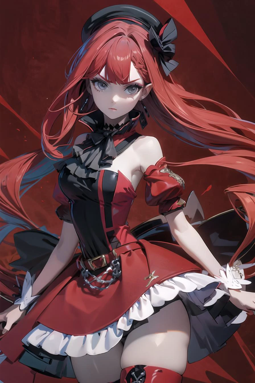 (masterpiece),best quality,1girl,cowboy_shot,medium_shot,thighs,looking at viewer,Look directly,<lora:baobhanASC1v6-14:0.5>,red hair,pale skin,earrings,pink hair,grey eyes,long hair,diamond choker,black ascot,detached collar,center frills,red dress,red detached sleeves,red belt,white skirt,red thigh boots,red thigh straps,