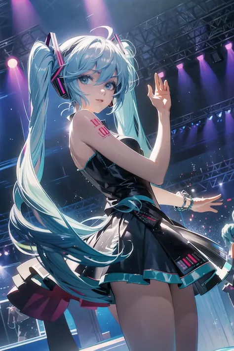 (masterpiece),best quality,cowboy_shot,medium_shot,thighs,looking at viewer,Look directly,(Hatsune Miku),dancing pose,waving,