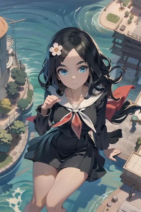 (masterpiece),best quality,cowboy_shot,medium_shot,mid_shot,from_above,thighs,looking at viewer,Look directly,<lora:vtuber_shinonome-10:0.75>,shinonome megu,hair flower,blue eyes,thick eyebrows,black dress,white sailor collar,neckerchief,