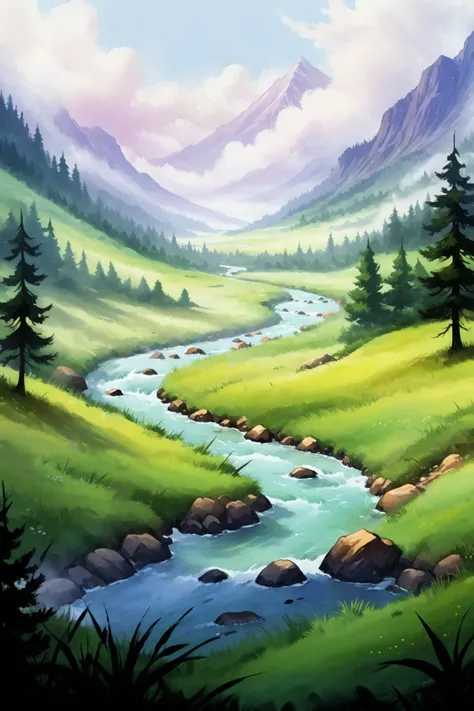 <lora:Retro_Illustration:1> 2d game scene, oil and watercolor painting <lora:MinimalLandscapeXL:0.8> drawing of a minimalist landscape, river, meadow, mist, clouds, mountain, tree, forest, (masterpiece:1.2), best quality