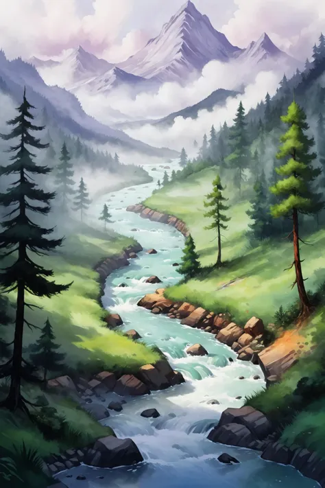 <lora:Retro_Illustration:1> 2d game scene, oil and watercolor painting <lora:MinimalLandscapeXL:0.8> drawing of a minimalist landscape, river, mist, clouds, mountain, tree, forest, (masterpiece:1.2), best quality