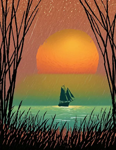 minimalist landscape drawing, scene from Assassin's Creed, silhouette of (large sailboat:1.3) stuck in a tall grassland swamp, autumn colors, brown green and orange, rainy sky, (outer banks:1.2), moonlit night,
<lora:MinimalLandscapeXL:1.0>
