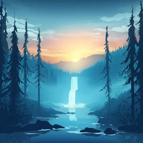 <lora:MinimalLandscapeXL-000039-3:1>, a drawing of a minimalist landscape, detailed, tree, mountain, cloud, forest, landscape, blue theme, sunset, fog, lake, water, reflection, waterfall