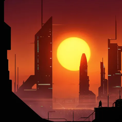 <lora:MinimalLandscapeXL-000039-3:1>, an orange minimalist drawing of a science fiction cityscape, fog, sun, sunset, skyscraper, silhouette, city lights