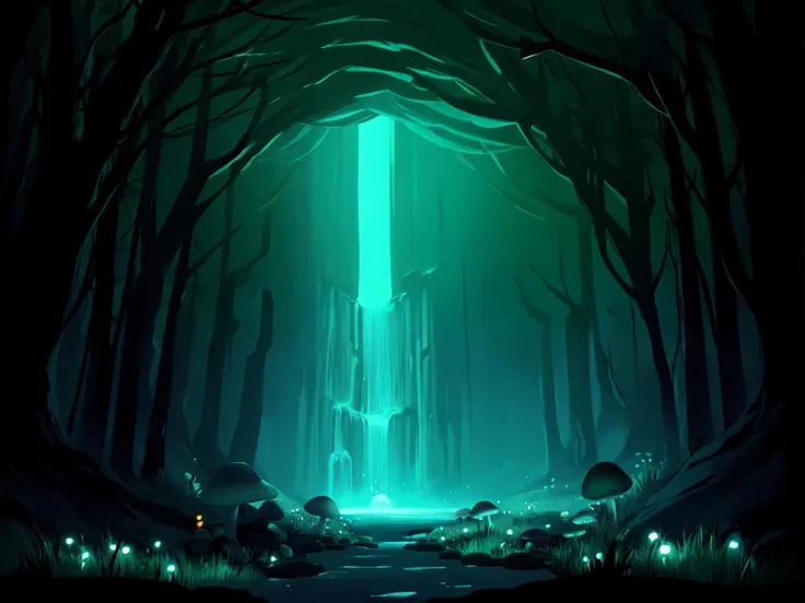best quality, masterpiece, <lora:MinimalLandscape16_2-000038:1>, minlan1, cave, vegetation, moss, (glowing, fireflies), glowing mushroom, blue theme, waterfall