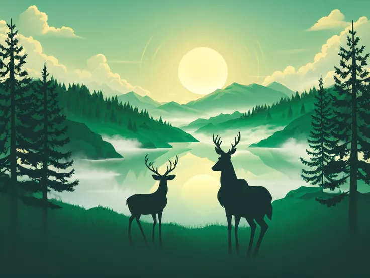 best quality, masterpiece, <lora:MinimalLandscapeStyle:1>, minlan1, green theme, deer, antlers, tree, cloud, forest, sun, bird, crescent moon, water, fog, lake, reflection