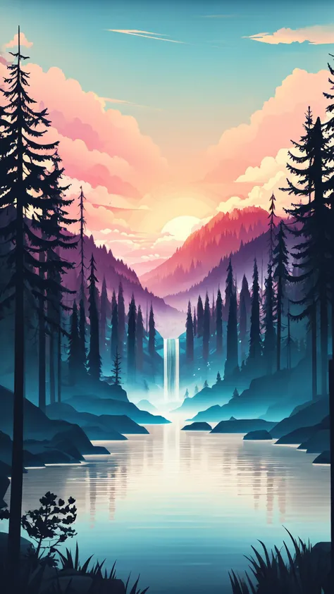 best quality, masterpiece, <lora:MinimalLandscape16_2-000038:1>, minlan1, tree, mountain, cloud, forest, landscape, blue theme, sunset, fog, lake, water, reflection, waterfall