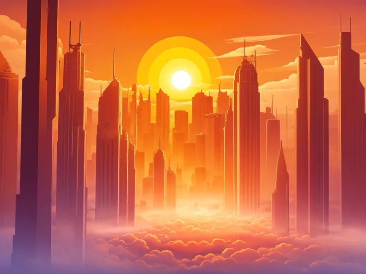 best quality, masterpiece, <lora:MinimalLandscapeStyle:1>, minlan1, orange theme, cityscape, city, skyscraper, silhouette, science fiction, sun, sunset, cloud, orange sky, fog