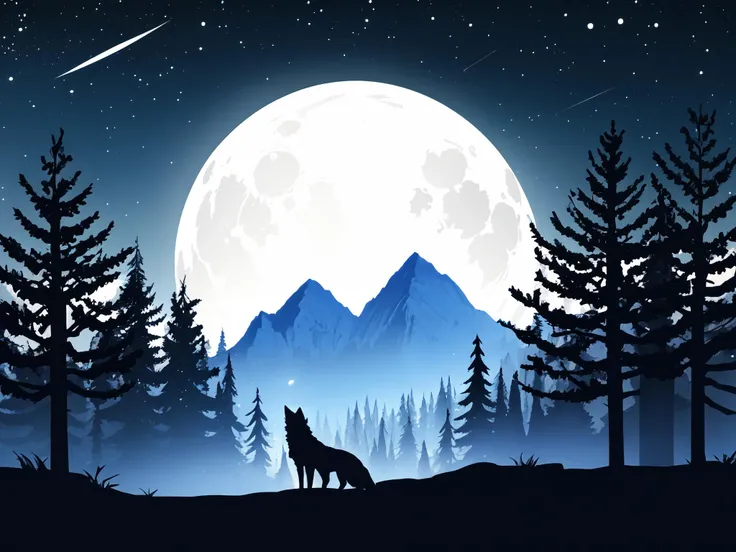 best quality, masterpiece, <lora:MinimalLandscape16_2-000038:1>, minlan1, blue theme, wolf, solo, forest, mountain, night sky, full moon, tree, silhouette, starry sky, shooting star