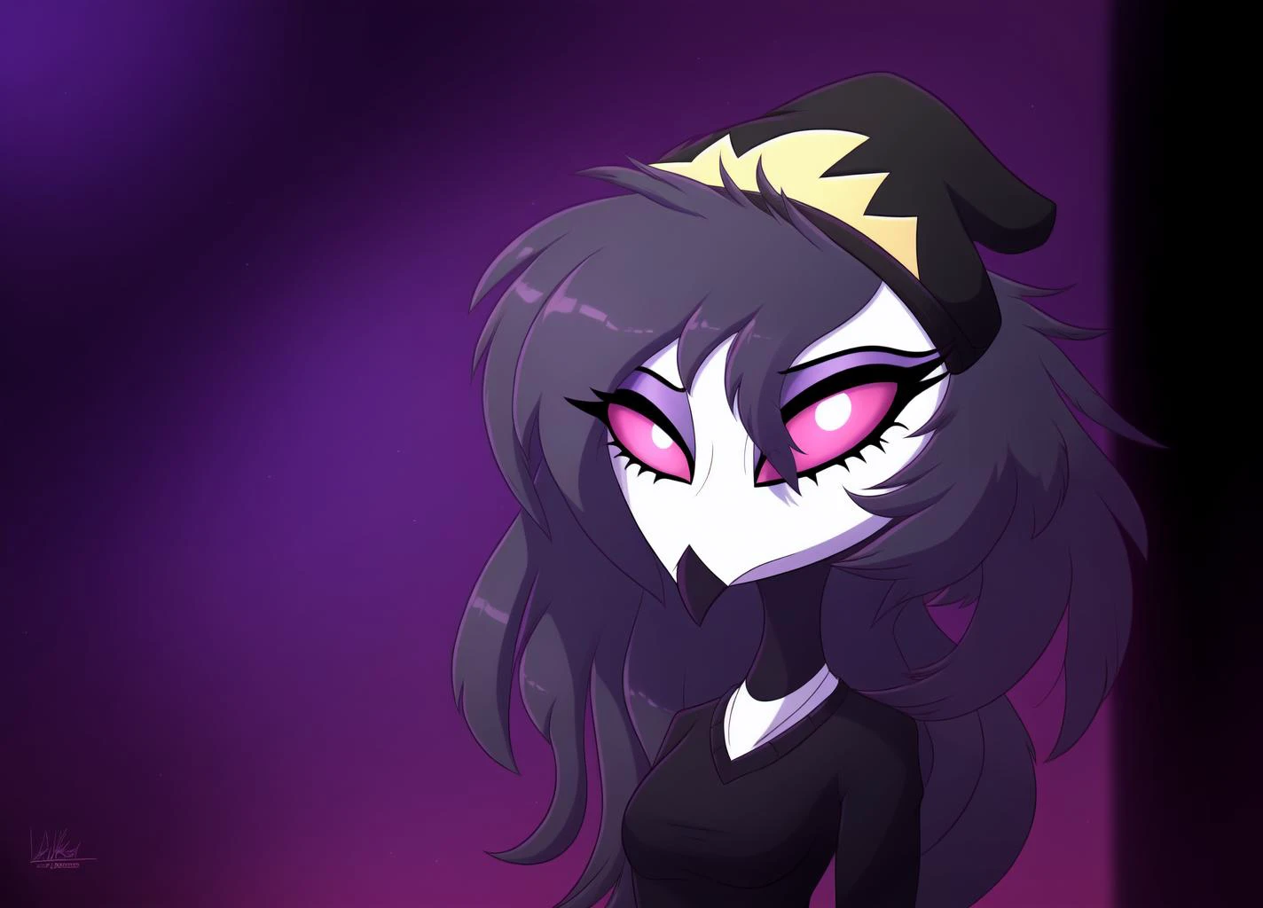 <lora:Octavia_pm_v1:0.7>, Octavia, avian, bird, black beak, demon, headgear, headwear, long_eyelashes, long_hair, makeup, red_sclera