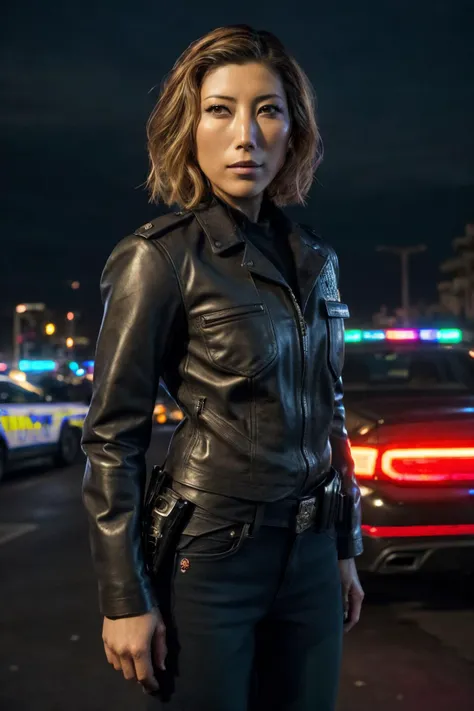 (dichen_lachman), high quality, 4k, highly detailed, 1girl, (highly detailed skin), Portrait of dichen_lachman as a beautiful female model, georgia fowler, beautiful face, with short dark brown hair, in cyberpunk city at night. She is wearing a leather jacket, black jeans, dramatic lighting, (police badge:1.2) <lora:dichen_lachman:0.75>