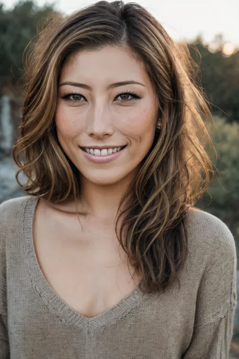 (professional headshot photo), RAW photo, dichen_lachman, 8k uhd, dslr, soft lighting, high quality, film grain, Fujifilm XT3 high quality, 4k, highly detailed, 1girl, (highly detailed skin), sunrise,outside, gorgeous, (realistic face), smiling, open mouth, teeth, (close-up:1.5), portrait, smiling, v-neck sweater, <lora:dichen_lachman:0.75>