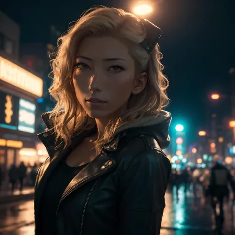beautiful dichen_lachman as a cyberpunk detective, leather jacket, tank top, (cleavage:0.5), dichen_lachman, (highly detailed:1.2),(best quality:1.2),(8k:1.2),sharp focus,(subsurface scattering:1.1),award-winning photograph,professional portrait photography,(close shot:1.2), rainy futuristic city street at midnight,neon signs,(very detailed background:1.2),(futuristic sci-fi:1.1), analog style, modelshoot style, dramatic lighting, by artgerm wlop annie leibovitz jeffrey simpson jock sturges greg rutkowski, <lora:dichen_lachman_4:0.75>