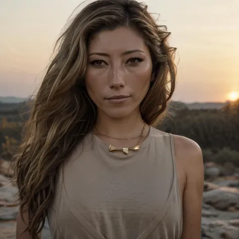 RAW photo, dichen_lachman, 8k uhd, dslr, soft lighting, high quality, film grain, Fujifilm XT3 high quality, 4k, highly detailed, 1girl, (highly detailed skin), sunrise,(golden hour),outside, gorgeous, (realistic face), fashion, close-up, necklace, yoga outfit, tank top, <lora:dichen_lachman:0.75>