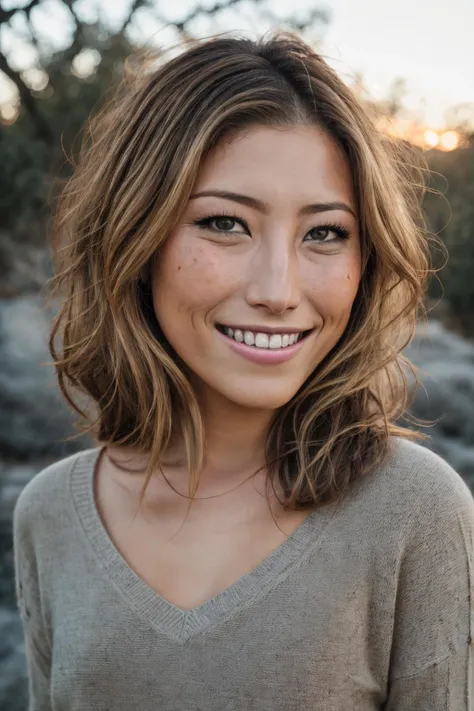 (professional headshot photo), RAW photo, dichen_lachman, 8k uhd, dslr, soft lighting, high quality, film grain, Fujifilm XT3 high quality, 4k, highly detailed, 1girl, (highly detailed skin), sunrise,outside, gorgeous, (realistic face), smiling, open mouth, teeth, (close-up:1.5), portrait, smiling, v-neck sweater, <lora:dichen_lachman:0.75>