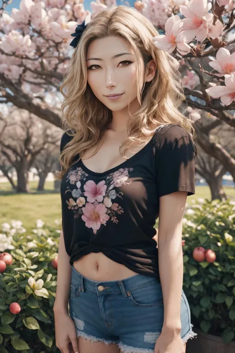 dichen_lachman, medium breasts, black tshirt, denim shorts, garden background, flowers, magnolias, apple tree, close up portrait, (cleavage:0.5), smiling, (highly detailed:1.2),(best quality:1.2),(8k:1.2),sharp focus,(subsurface scattering:1.1),award-winning photograph,professional portrait photography,(close shot:1.2), (very detailed background:1.2), modelshoot style, <lora:dichen_lachman_4:0.75>