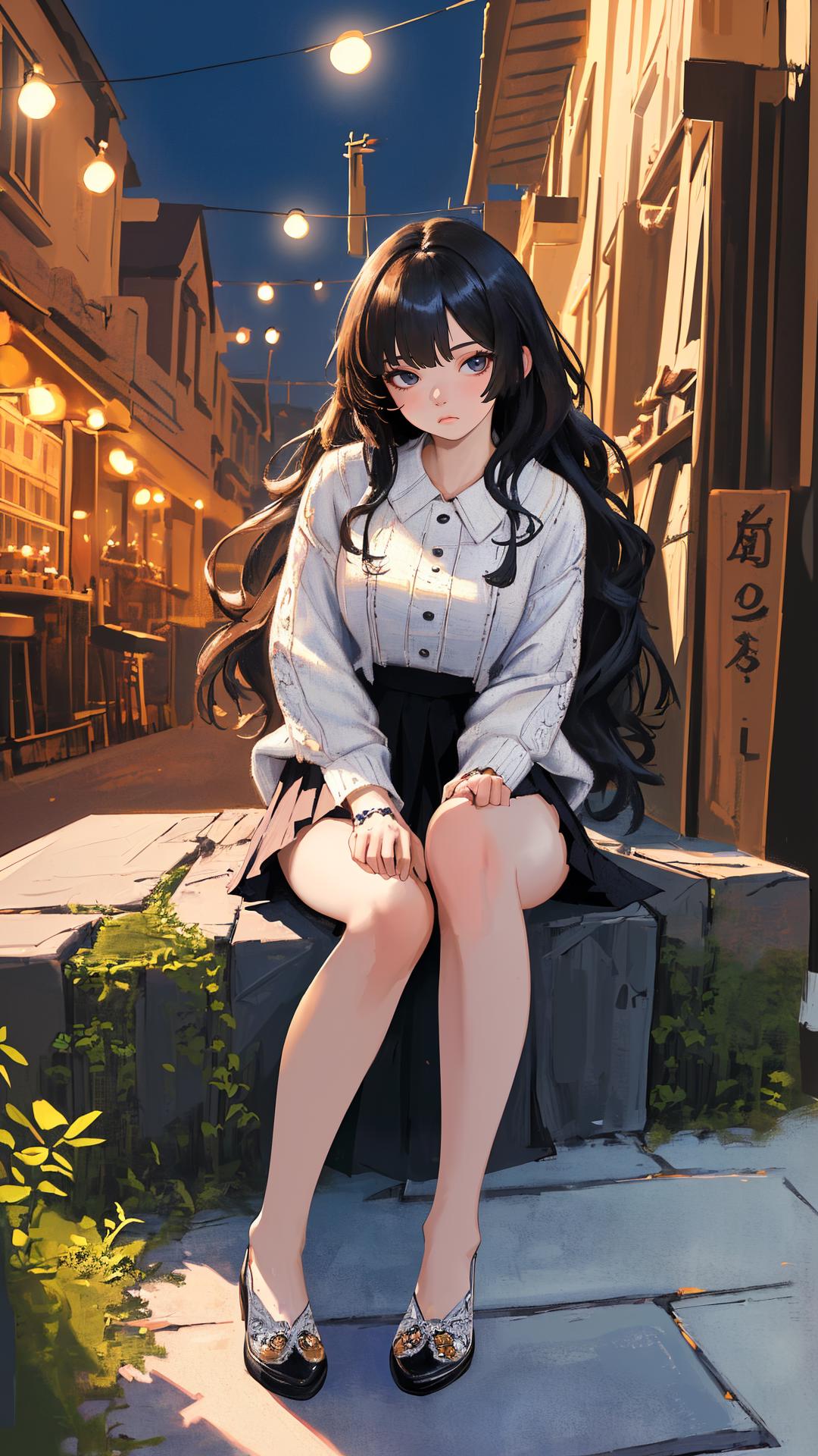 Anime girl sitting on a bench in a city at night - SeaArt AI