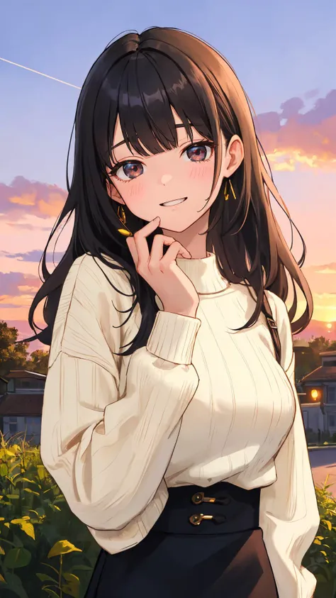 (masterpiece), (best quality), (absurdres), (intricate details), (extremely detailed), (character on center), (looking at viewer), (shiny skin), (classic), (bangs), (black hair), (girl|lady), pastel theme,
(sunset), outdoors, modern, upper body, happy face, contemporary, sleek, long hair, (black theme), sweater, pencil skirt, medium breasts, town, hill,
dark eyes,