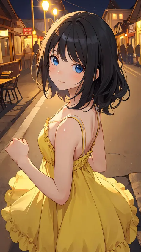 (masterpiece:1.4),(best quality:1.4), 
looking at viewer, 1girl, bright skin, (shiny skin:1.2), curious face,natural wavy, black hair, cowboy shot, fringe, dress, top view, outdoors, town, night,