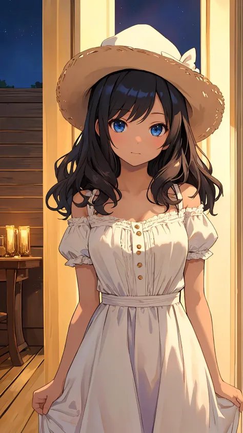 (masterpiece:1.4),(best quality:1.4),
looking at viewer, 1girl, bright skin, (shiny skin:1.2), curious face,natural wavy, black hair, cowboy shot, fringe, dress, night,